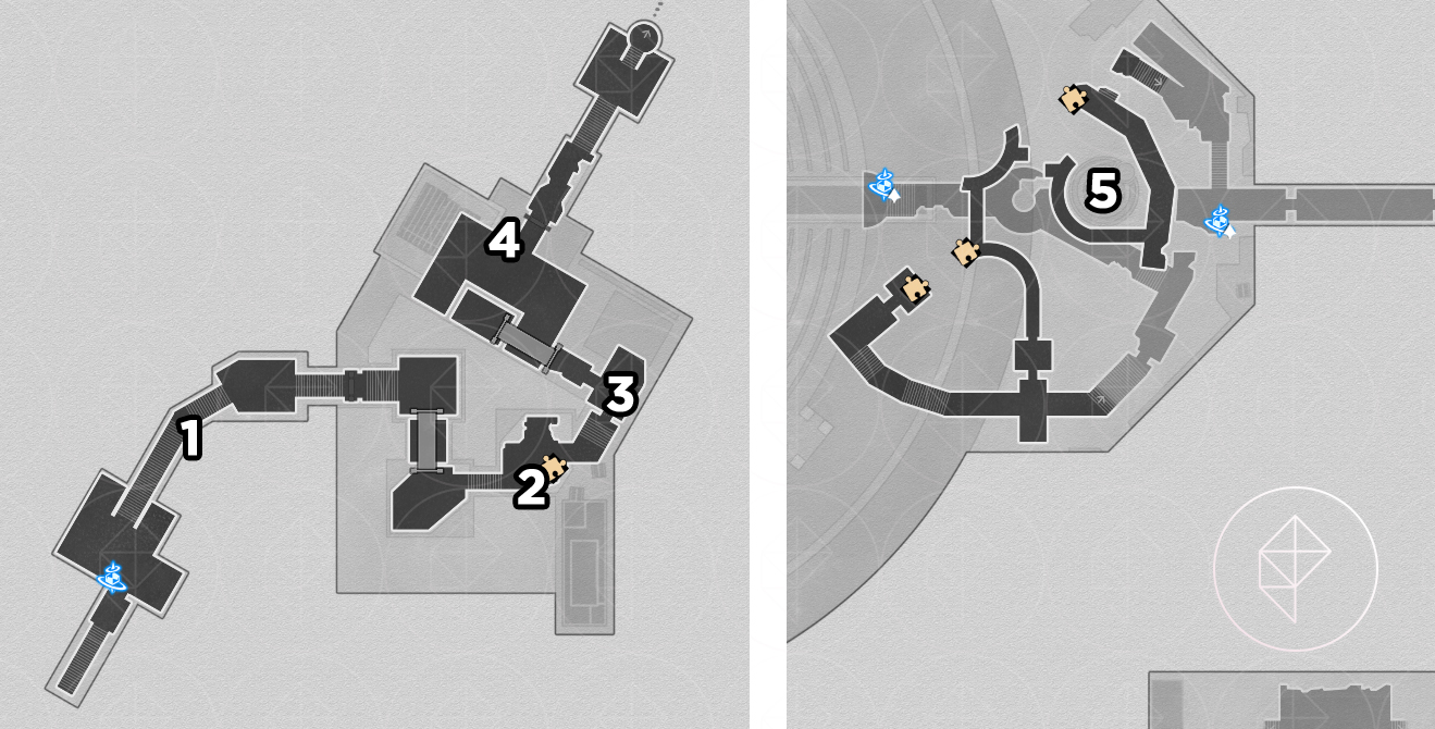 A map of the basement floor of “Strife Ruins” Castrum Kremnos in Honkai: Star Rail, with numbers pointing out where to find beetles.