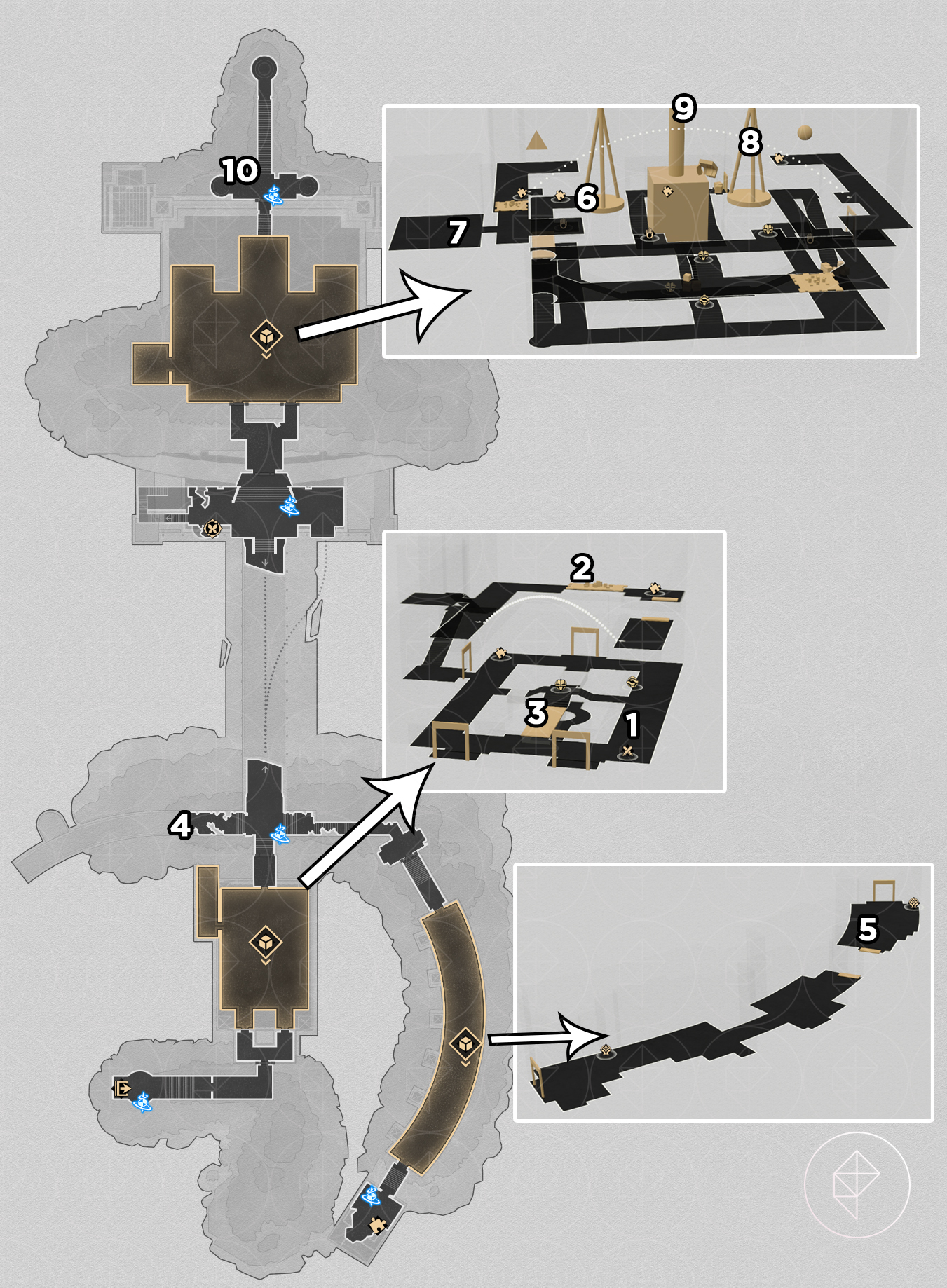 A map of the second floor of Janusopolis in Honkai: Star Rail, with numbers pointing out where to find beetles.