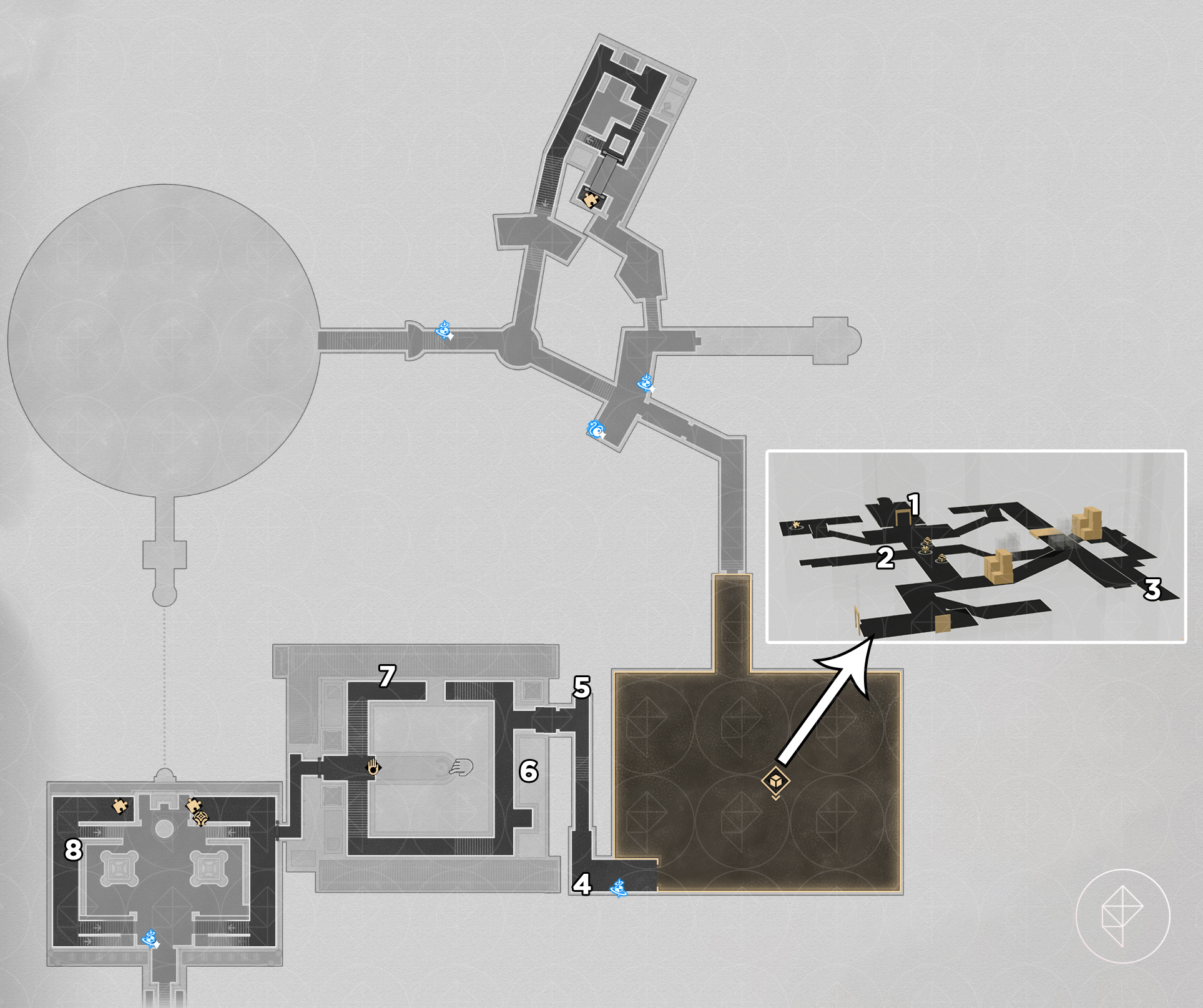 A map of the second floor of “Bloodbathed Battlefront” Castrum Kremnos in Honkai: Star Rail, with numbers pointing out where to find beetles.