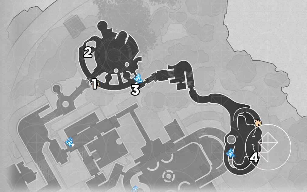 A map of the “Eternal Holy City” Okhema’s right side and upper floor in Honkai: Star Rail, numbering butterflies to find.