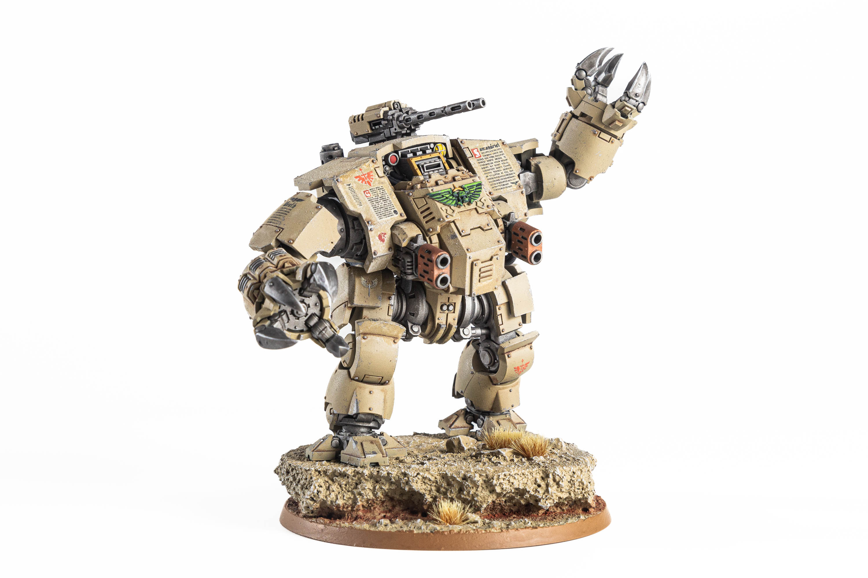 A Brutalis Dreadnought painted in the bone-colored armor of the Dark Angels Deathwing.