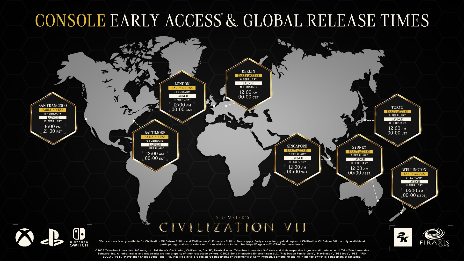 A graphic shows the Civ 7 PS5 and Xbox early access times