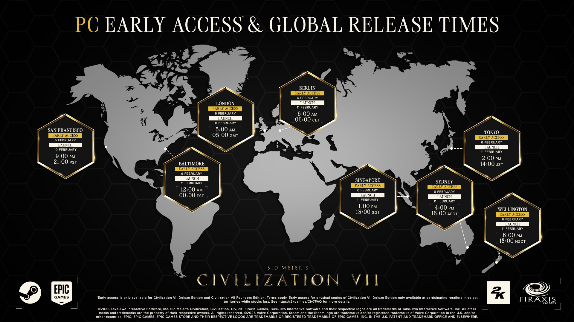 A graphic shows the PC early access release times for Civ 7