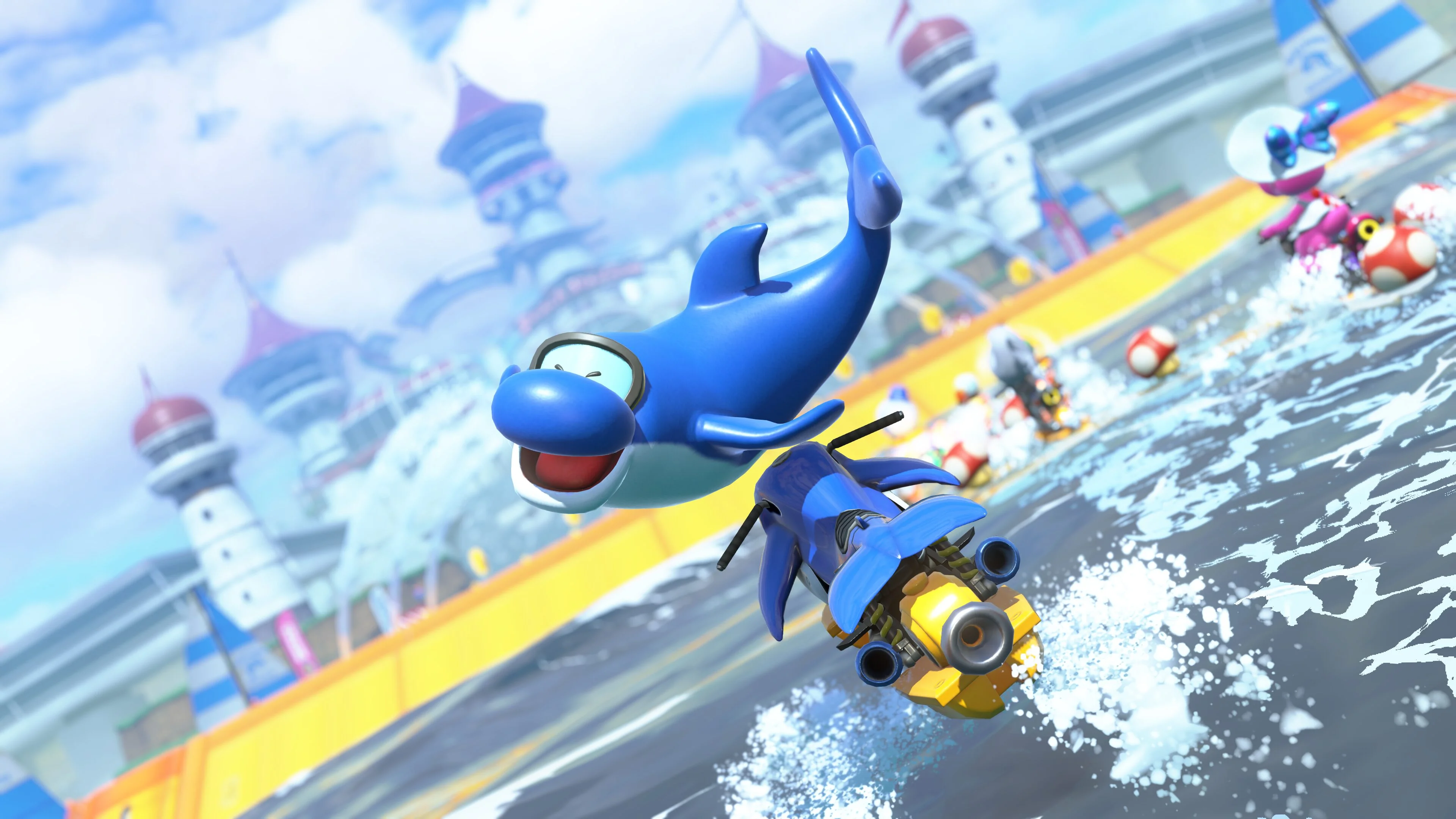 Dolphin does a trick off a dolphin bike in Mario Kart World.