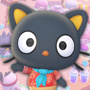 Chococat, a black cat with big eyes, over a pink Hello Kitty Island Adventure background.