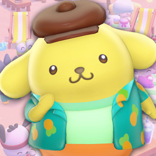 Pompompurin, a yellow dog in a brown hat, over a pink Hello Kitty Island Adventure background.