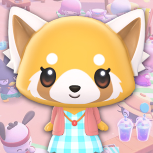 Retsuko, a red panda in a sundress, over a pink Hello Kitty Island Adventure background.