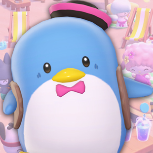 Tuxedo Sam, a penguin in a sailor’s cap, over a pink Hello Kitty Island Adventure background.