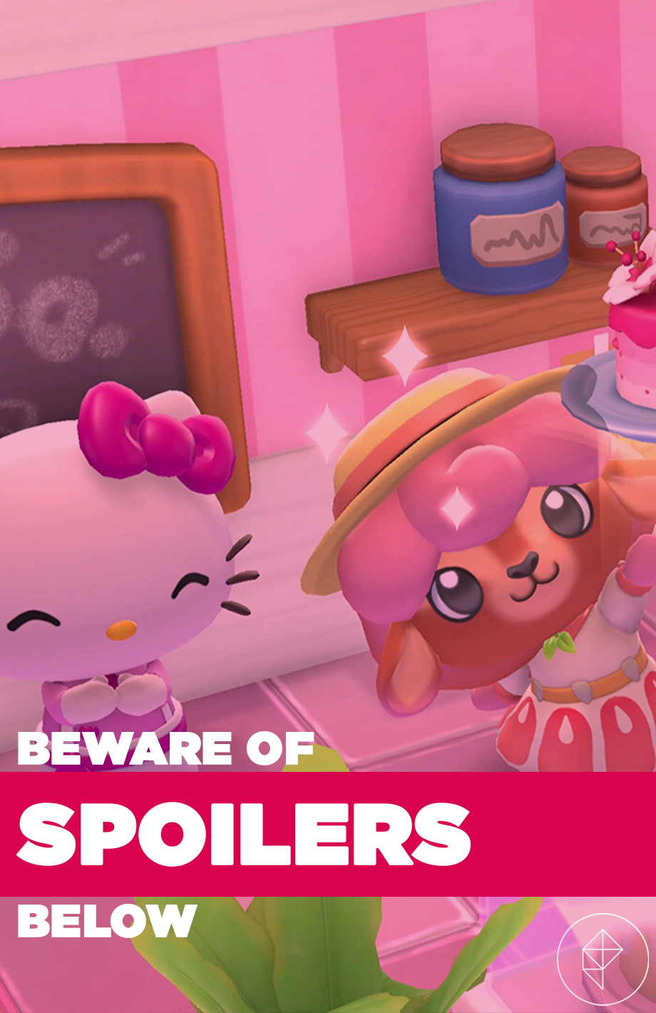 A sheep character lifts up a cake in front of Hello Kitty in Hello Kitty Island Adventure with spoiler text in front.