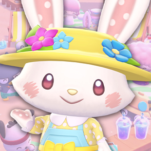 Wish me mell, a rabbit in a sunhat, over a pink Hello Kitty Island Adventure background.