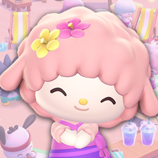 My Sweet Piano, a pink sheep, over a pink Hello Kitty Island Adventure background.