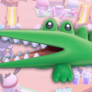 Big Challenges, a side-facing alligator, over a pink Hello Kitty Island Adventure background.