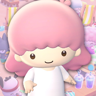 Lala, a pink haired cherub, over a pink Hello Kitty Island Adventure background.