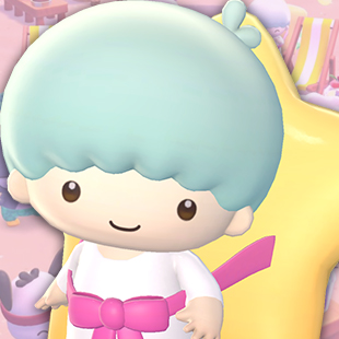 Kiki, a blue-haired cherub with a star on his back, over a pink Hello Kitty Island Adventure background.