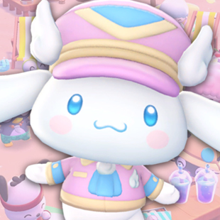 Cinnamoroll, a white dog with big ears in a mailman outfit, over a pink Hello Kitty Island Adventure background.