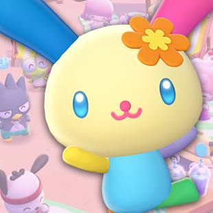 Usahana, a color-blocked rabbit, over a pink Hello Kitty Island Adventure background.