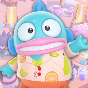 Hangyudon, a blue fish with big pink lips, over a pink Hello Kitty Island Adventure background.