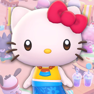 Hello Kitty, the iconic white cat in a red bow, over a pink Hello Kitty Island Adventure background.