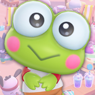 Keroppi, a big-eyed green frog, over a pink Hello Kitty Island Adventure background.