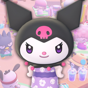 Kuromi, a rabbit in a devil hood, over a pink Hello Kitty Island Adventure background.