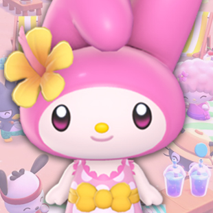 My Melody, a white rabbit in a pink hood, over a pink Hello Kitty Island Adventure background.