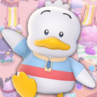 Pekkle, a white duck with a big head, over a pink Hello Kitty Island Adventure background.