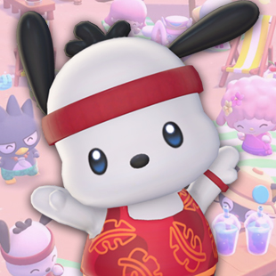 Pochacco, a white dog with black ears, over a pink Hello Kitty Island Adventure background.