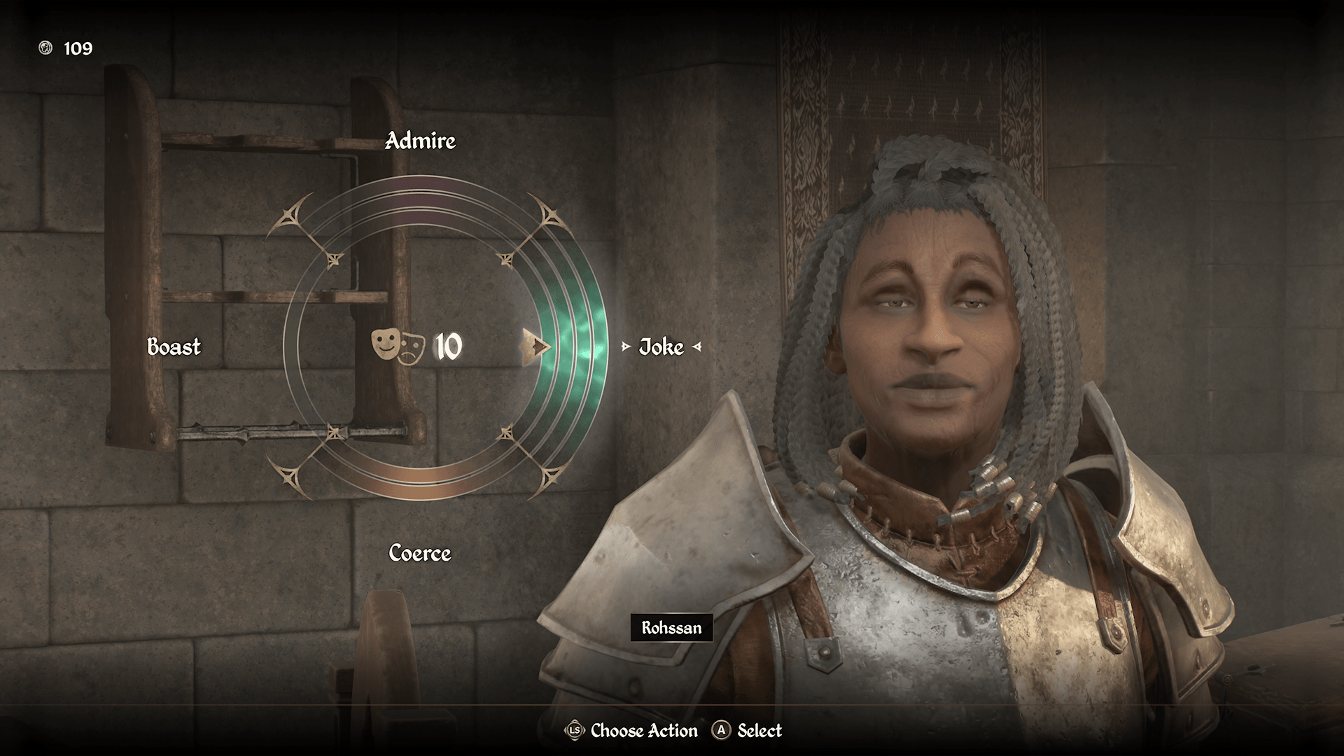 An image of the persuasion minigame in Oblivion Remastered. The joke option has four rings next to it.