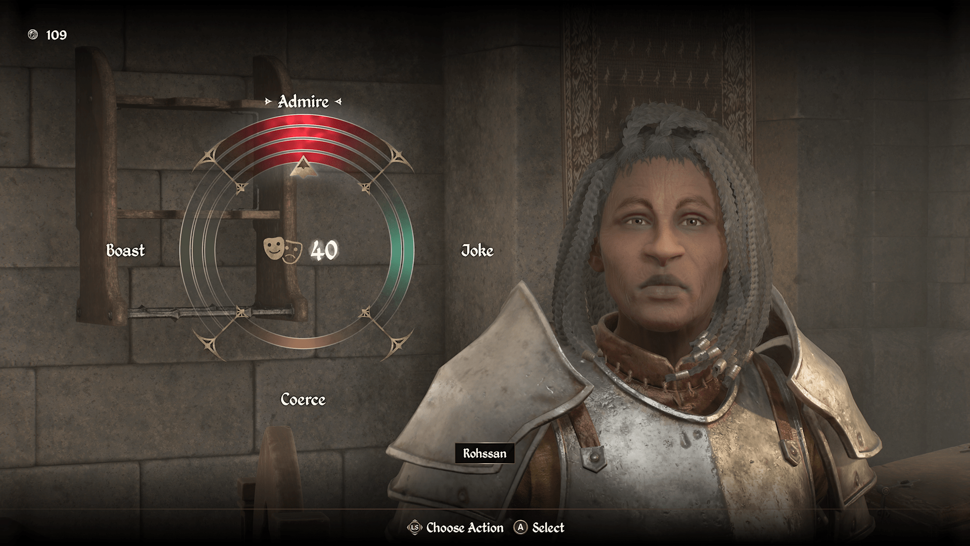Rohssan dislikes it when you admire. So in this situation, you would want to avoid the “admire” option since it has four rings.