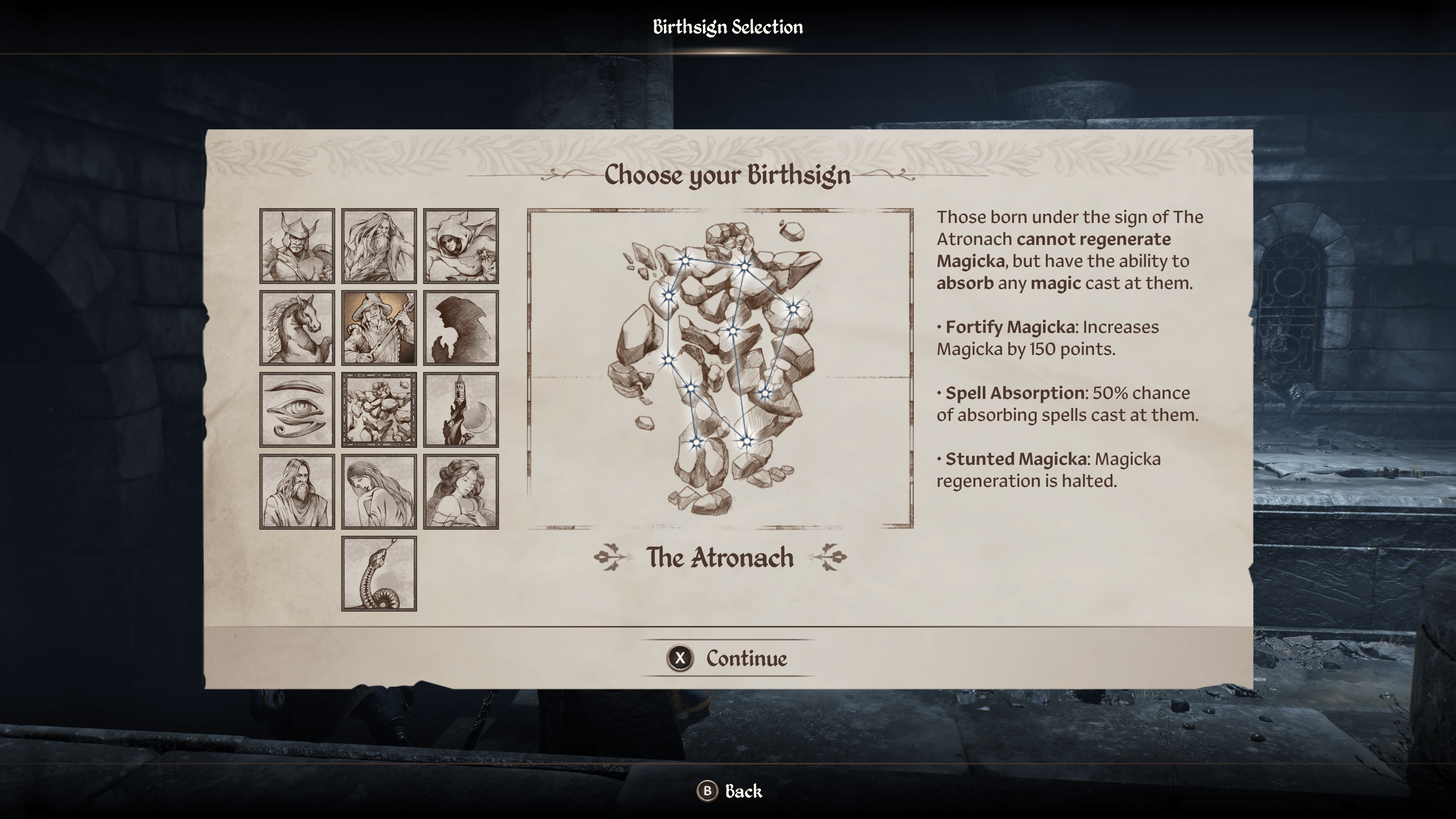 A menu shows the Atronach as one of the best birthsigns in Oblivion Remastered