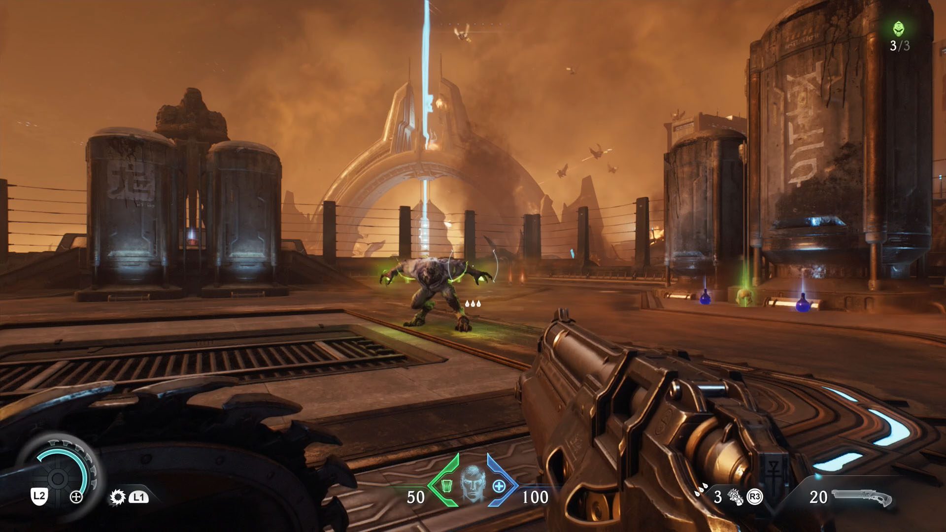 Doom The Dark Ages screenshot showing the Doom Slayer faing a demon who has green energy around their hands.