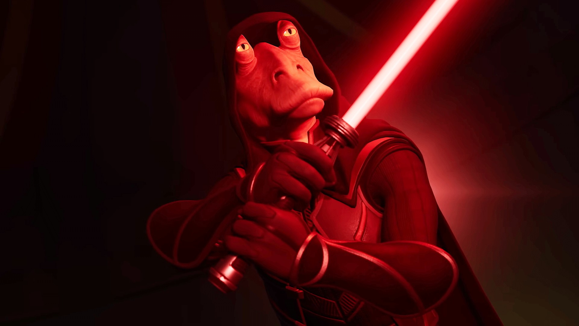 Darth Jar Jar wields a red light saber in Fortnite