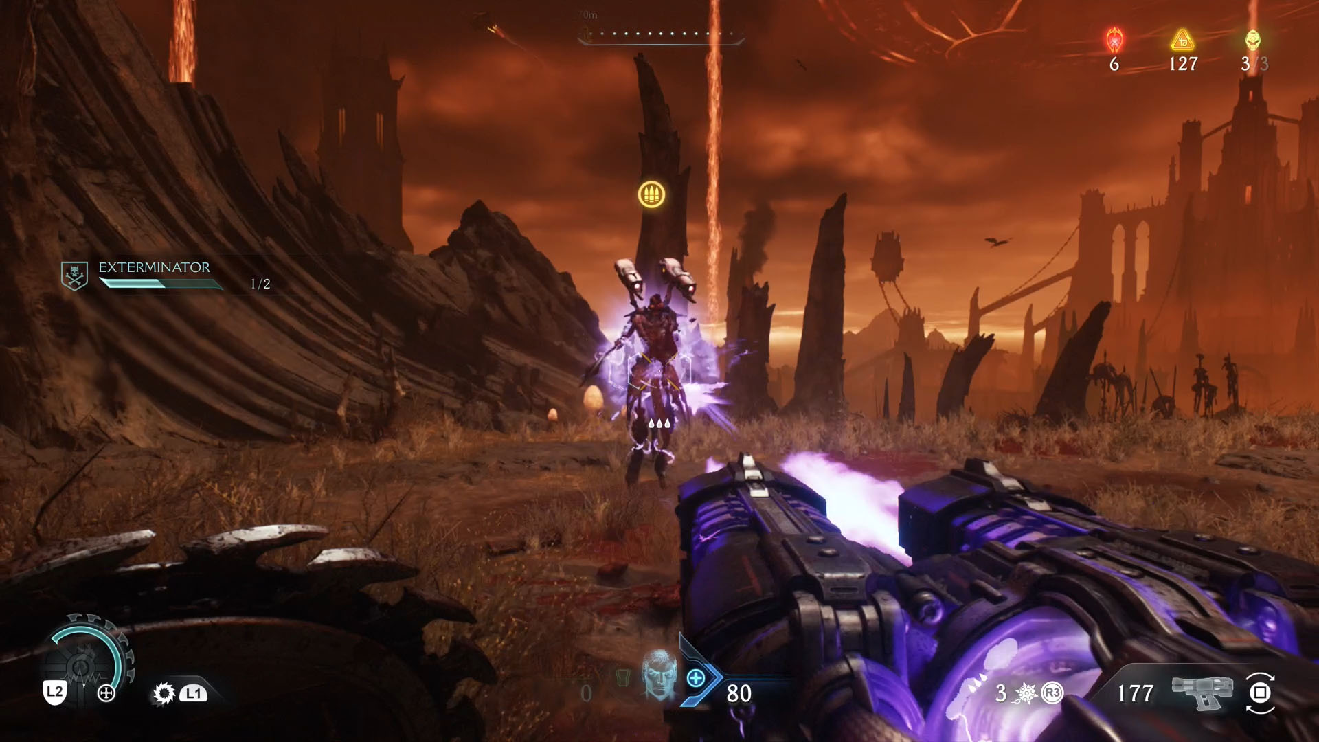 A Doom: The Dark Ages screenshot showing a Revenant, one of the demons found in the game.