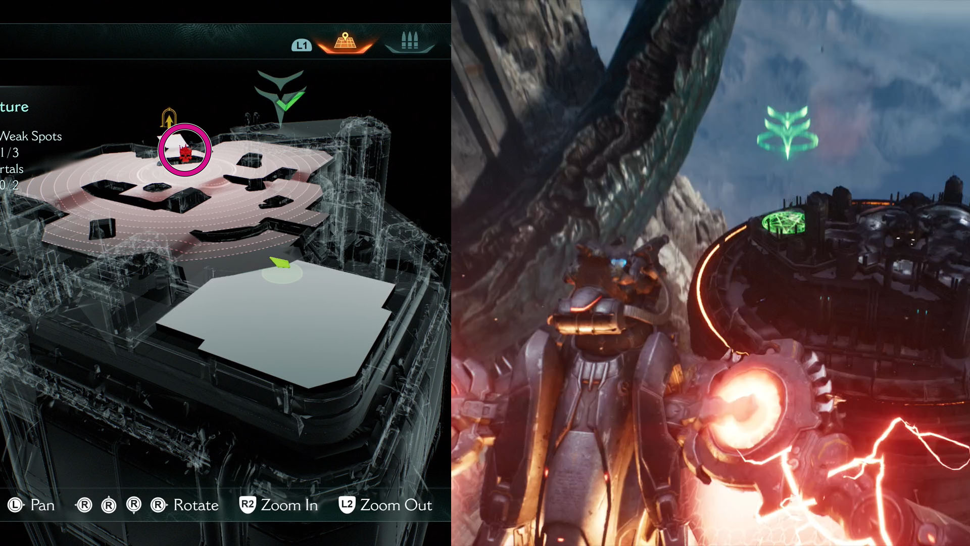 A montage with two screenshots from Doom: The Dark Ages. On the left side, you see part of Chapter’s 13 map showing where the leader of the map is. On the right side, a screenshot showing the landing spot.