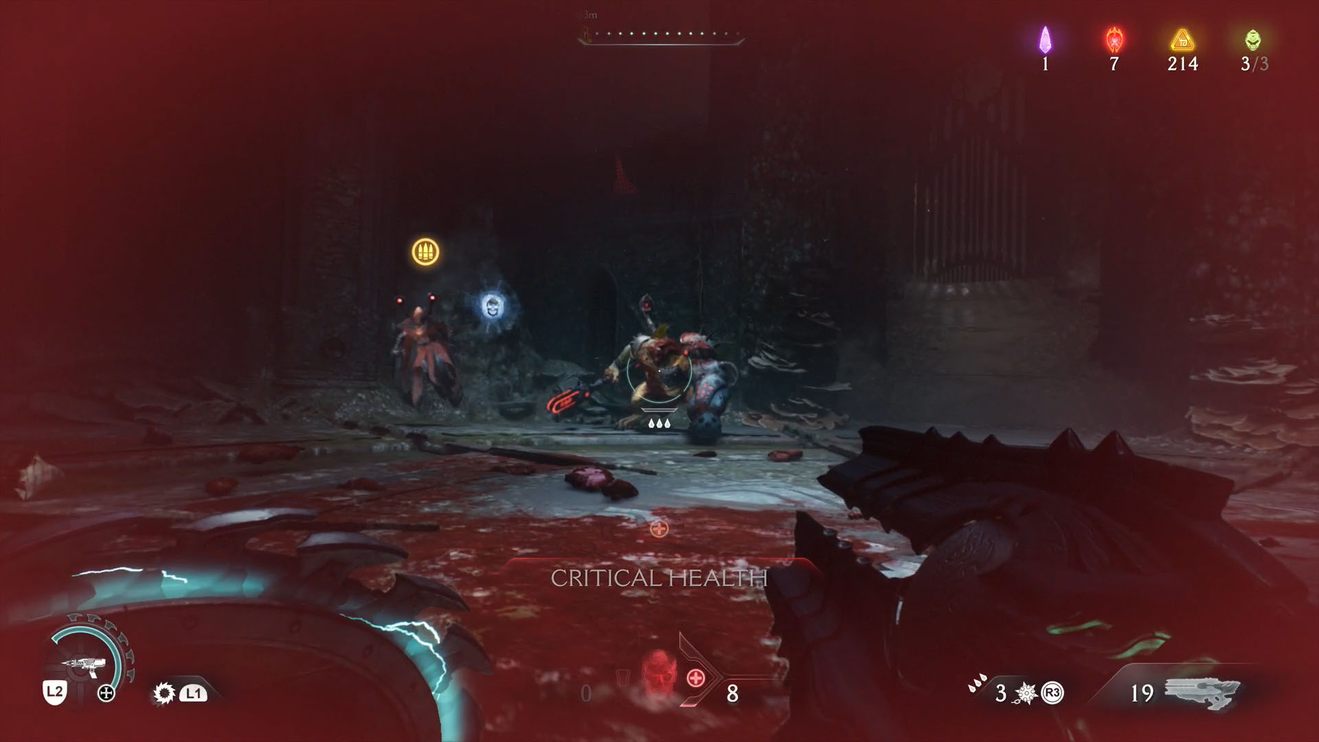 A Doom: The Dark Ages screenshot showing a Revenant and a Komodo, two demons found in the game. The first is the leader of Chapter 14.