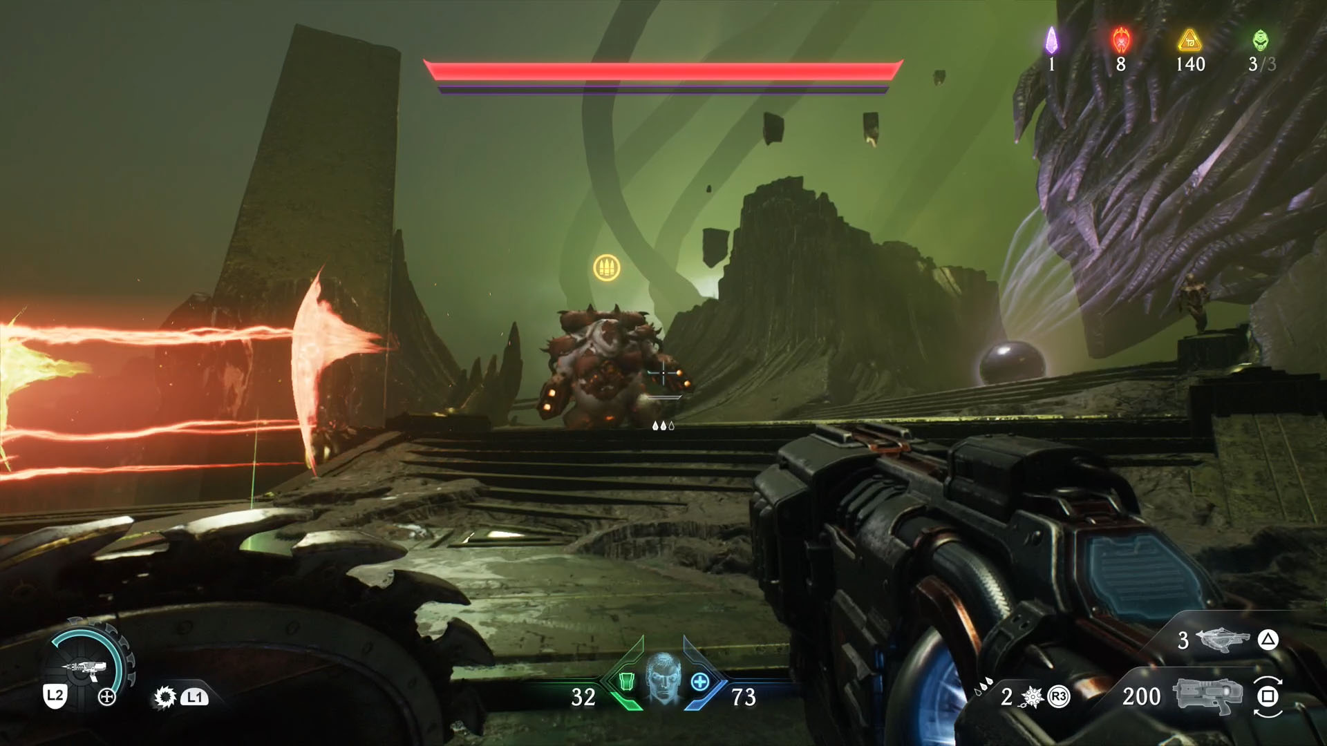A Doom: The Dark Ages screenshot showing an armored Mancubus, the leader of Chapter 16.