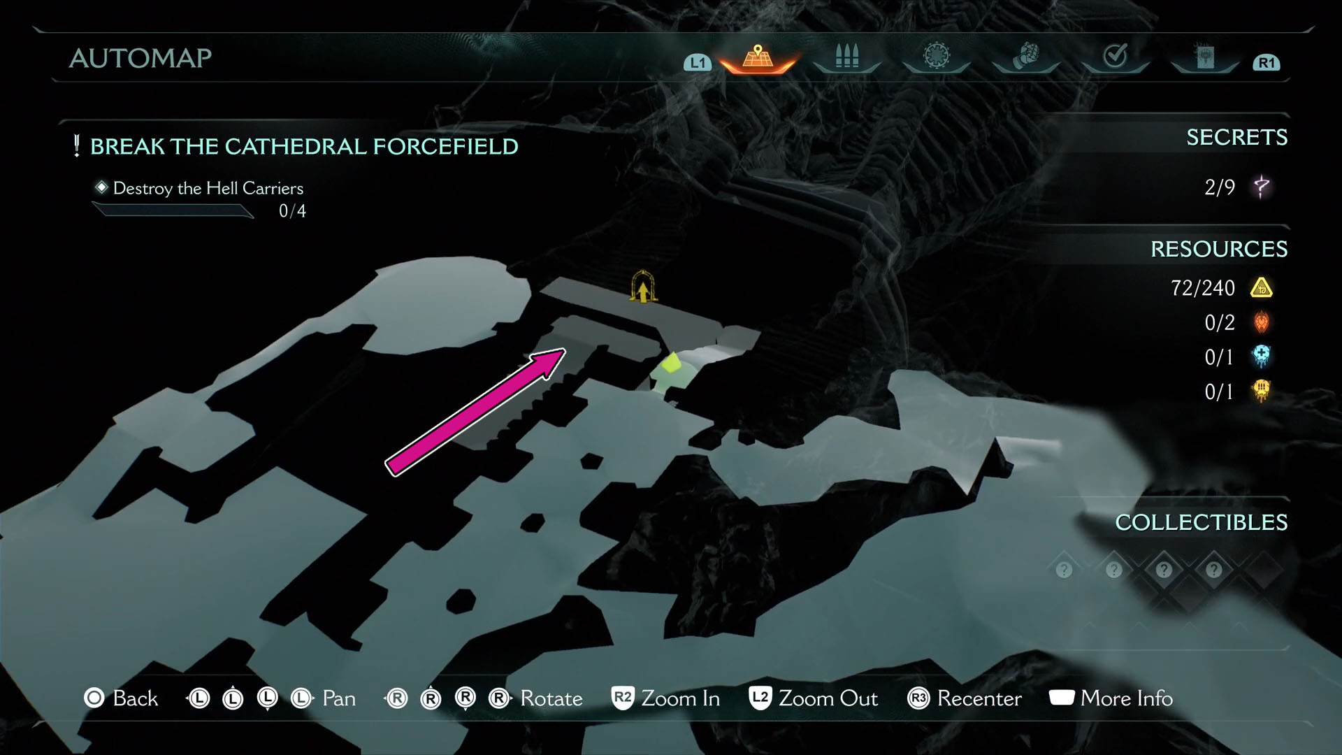 A Doom: The Dark Ages screenshot showing on the map the location of the leader in Chapter 5.