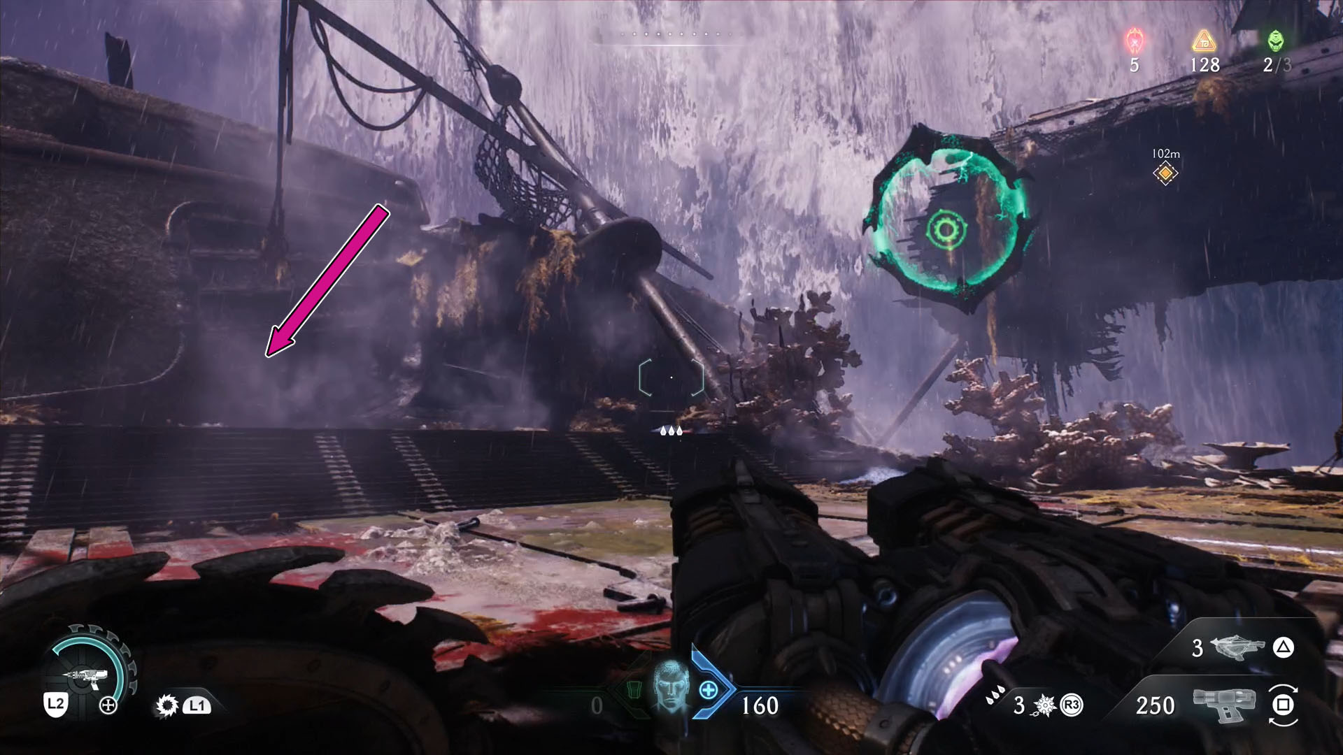 A Doom: The Dark Ages screenshot showing a green gate floating and a pink arrow poiting to the left side.