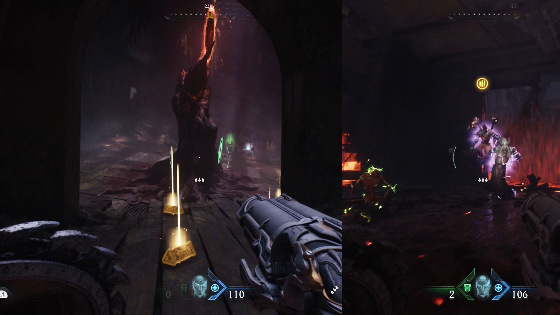 A montage with two screenshots from Doom: The Dark Ages. On the left side, a tree which players must destroy. On the right side, the leader of Chapter 17, a Revenant.