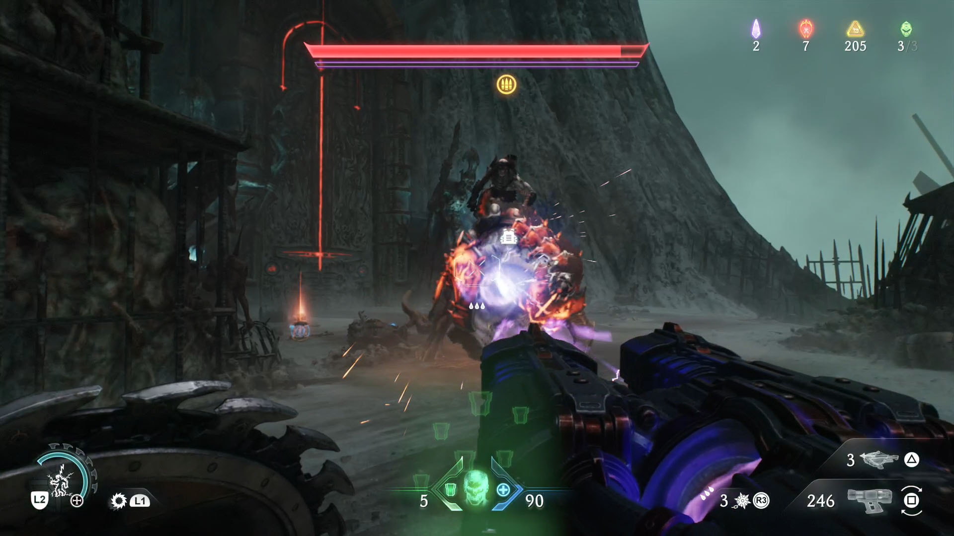 A Doom: The Dark Ages screenshot showing an armored Pinky Rider. They are the leader in Chapter 19.