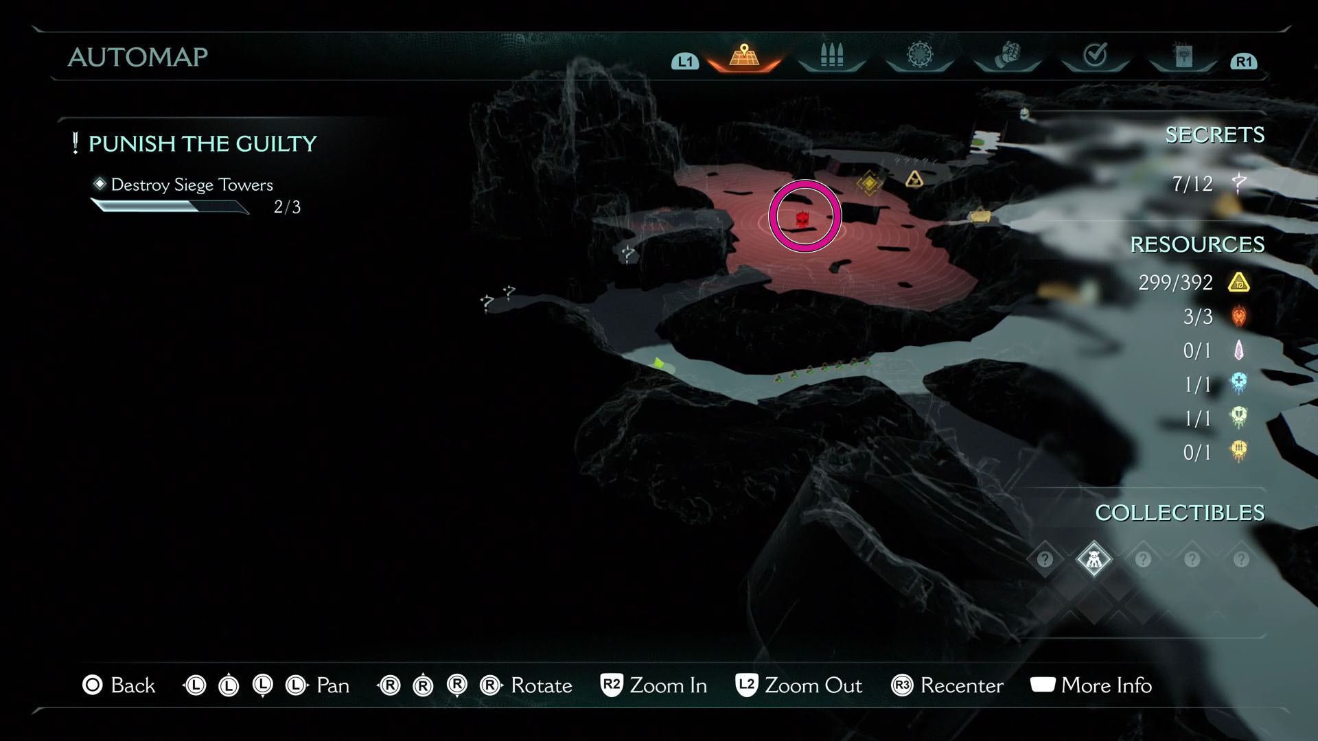 A Doom: The Dark Ages screenshot showing the map of Chapter 20 and where the leader is located. You can see a red zone in the middle of a gray map.