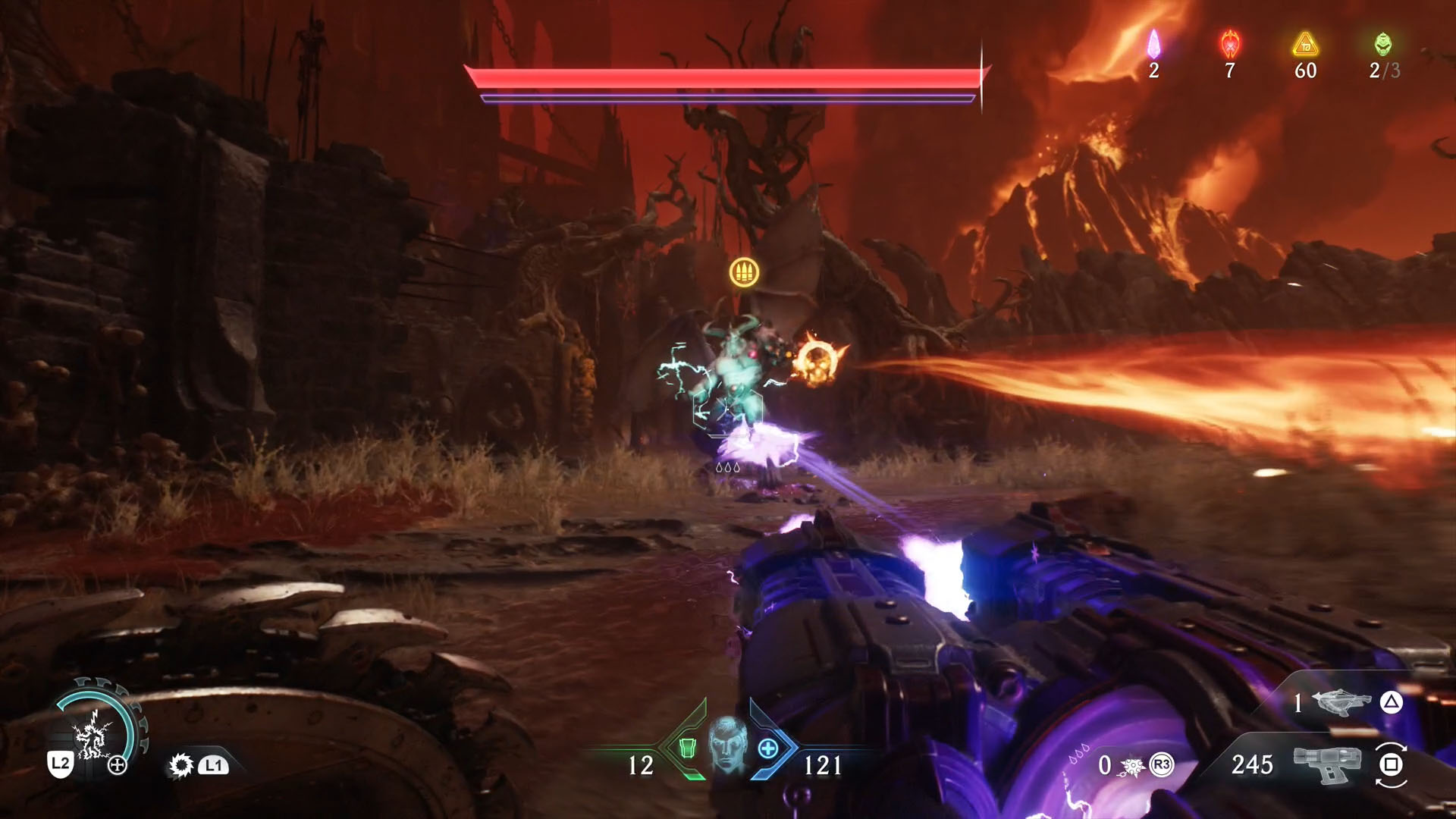 A Doom: The Dark Ages screenshot showing a Cyberdemon shooting skulls of fire. They are the leader of Chapter 22.