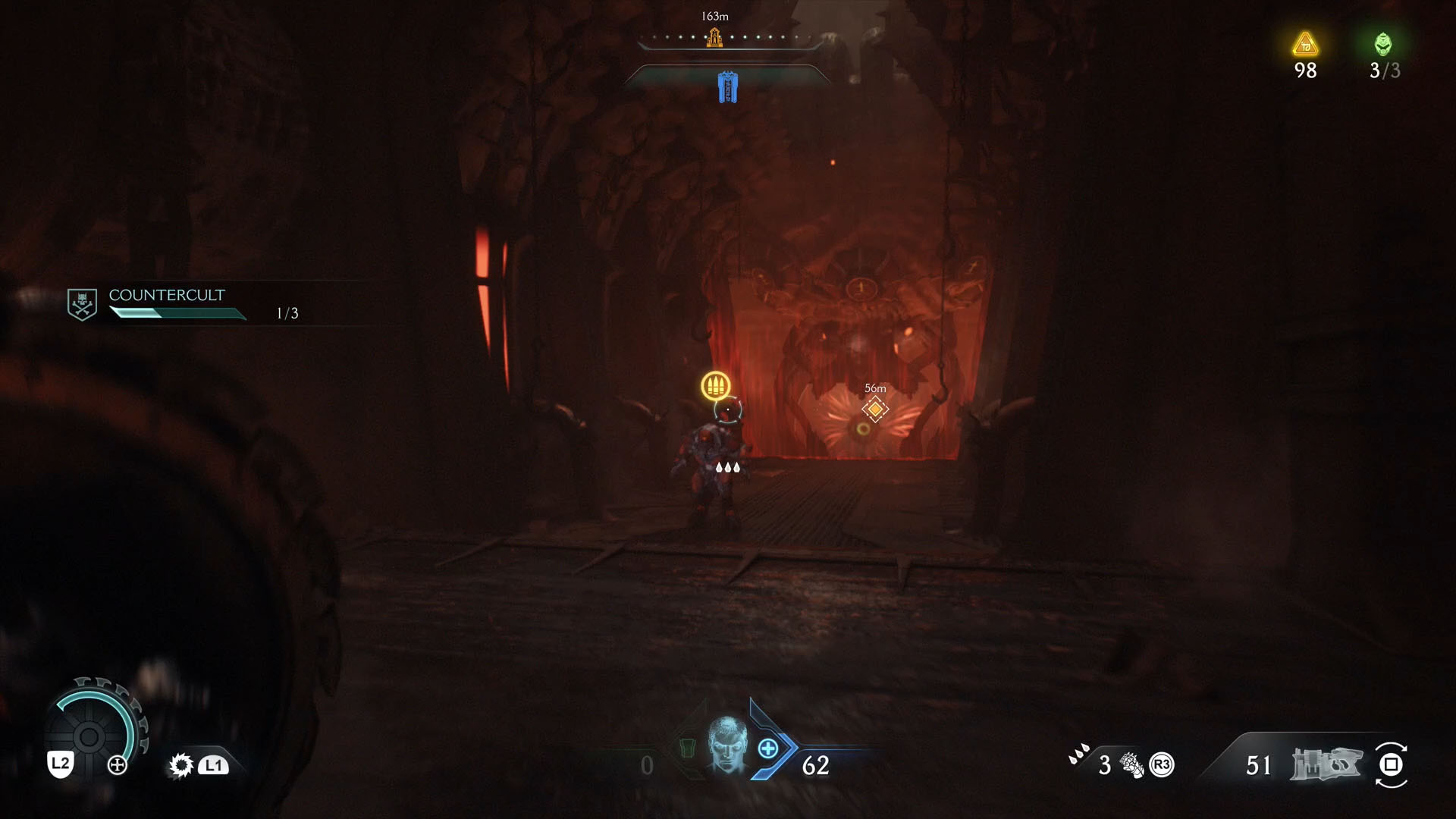 A Doom: The Dark Ages screenshot showing the armored Hell Knight, the leader of Chapter 5.