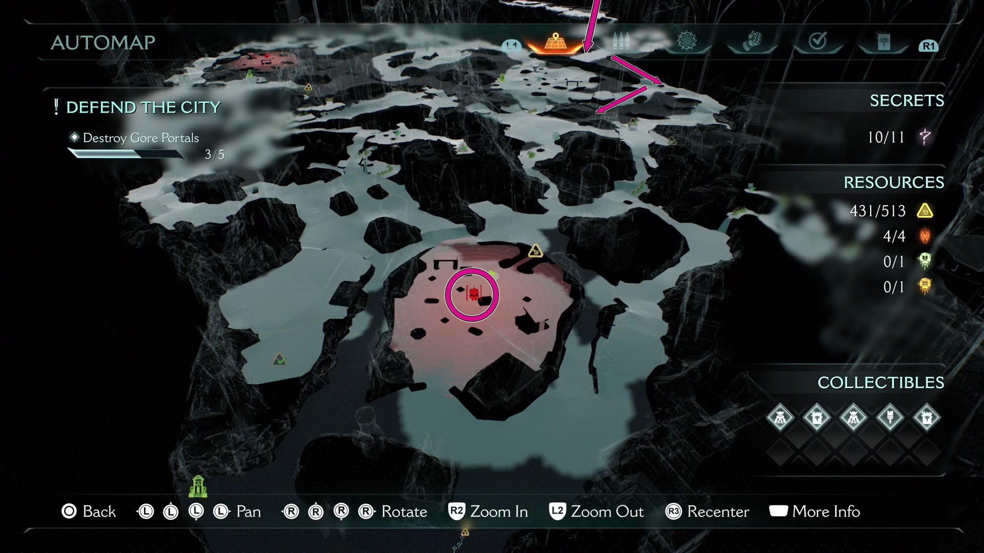 A Doom: The Dark Ages screenshot of Chapter6’s map showing the location of the leader you must face to acquire an Ammo upgrade.