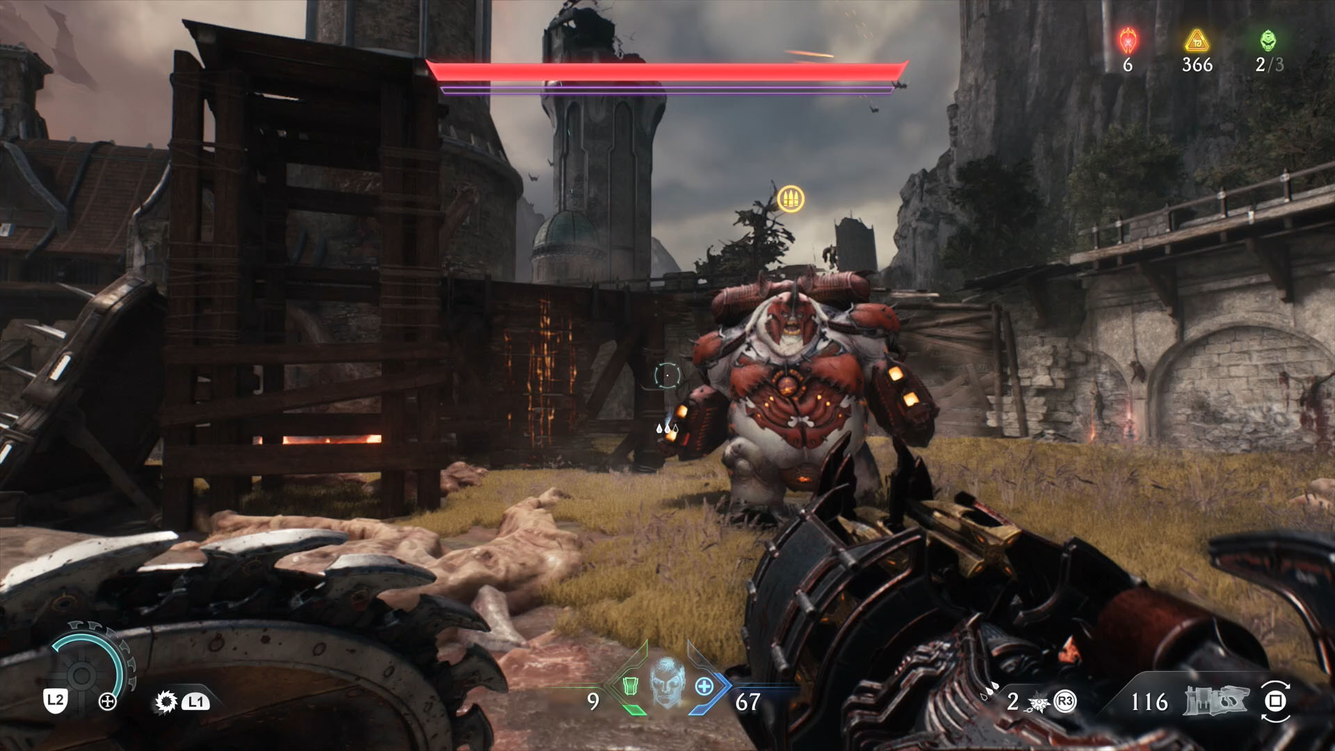 A Doom: The Dark Ages screenshot showing an armored Mancubus, the leader of the Cpater 6.