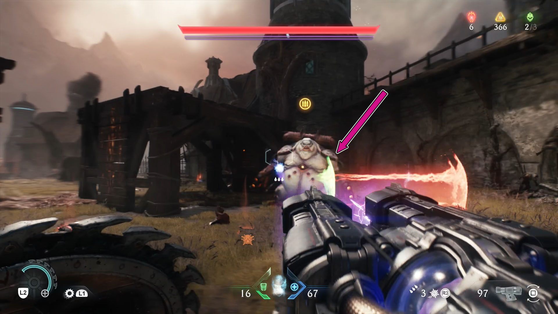 A Doom: The Dark Ages screenshot showing where to parry in the Mancubus’s attack.