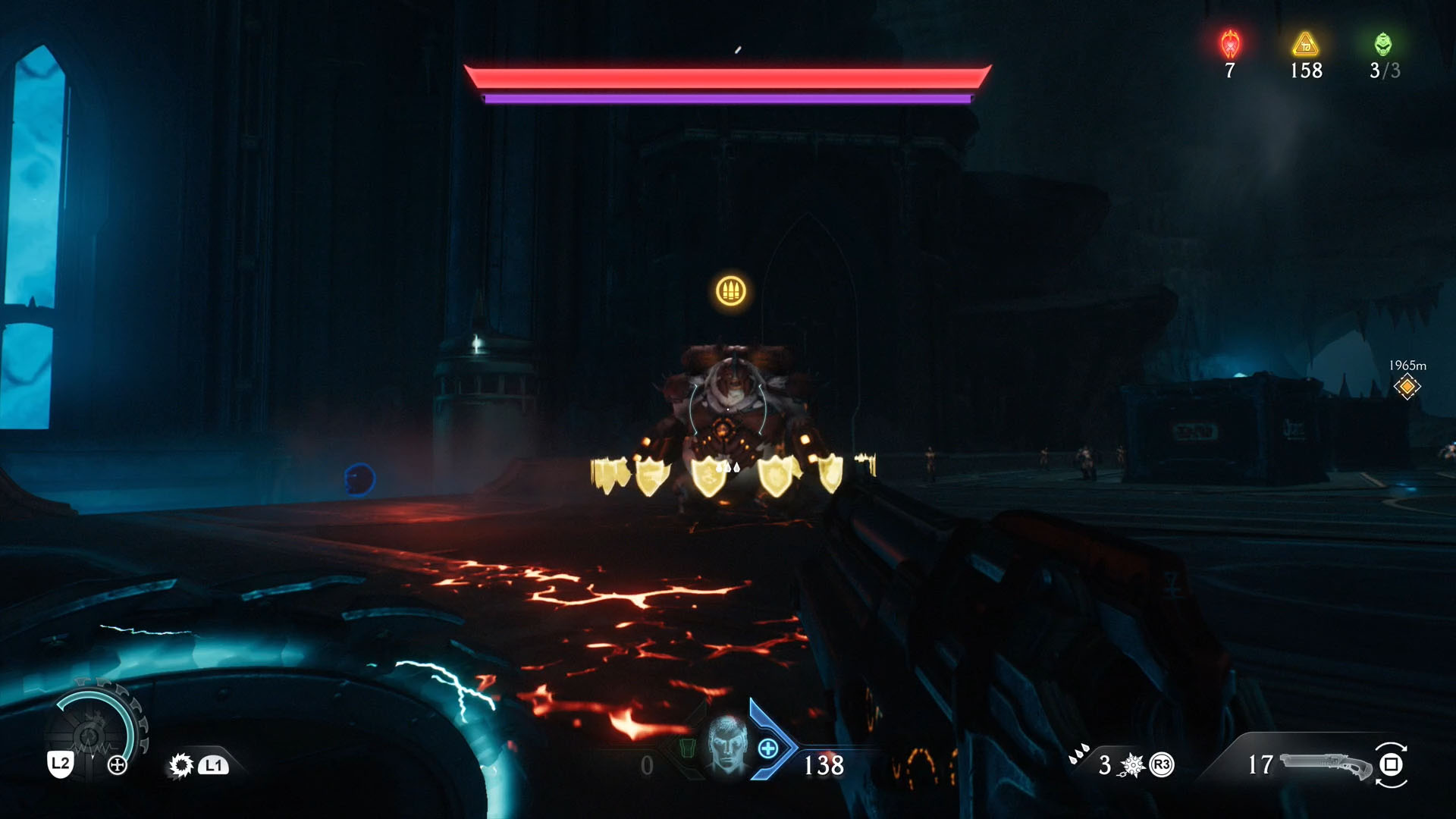 A Doom: The Dark Ages screenshot showing an armored Mancubus demon revolved by shield icons.