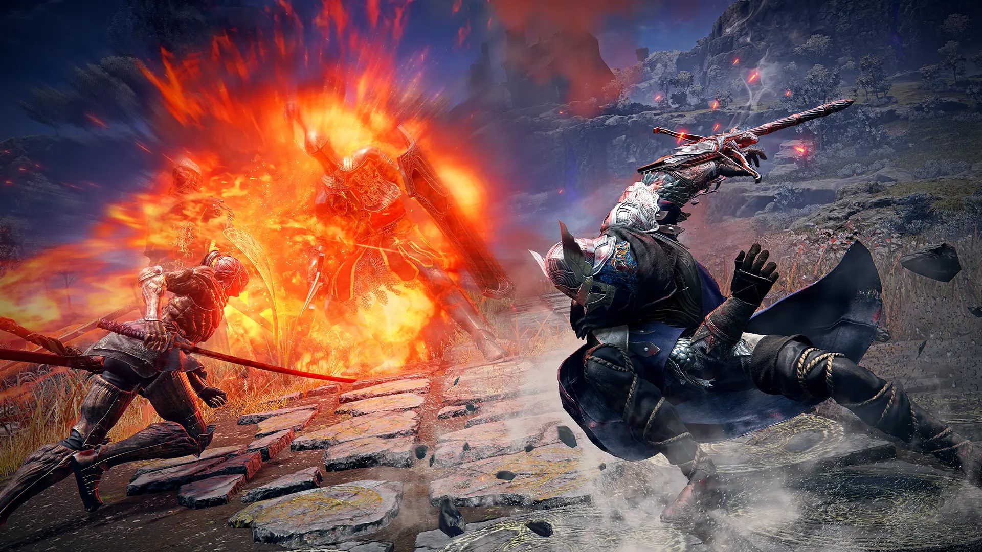 A Wylder and Executor take on a flaming armored knight in a screenshot from Elden Ring Nightreign