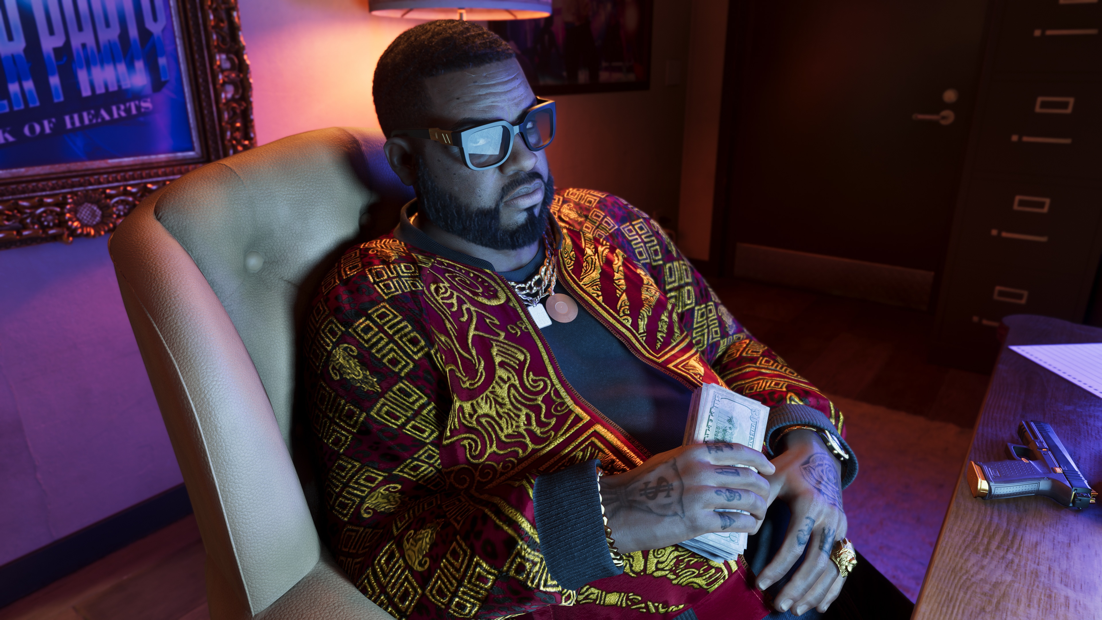Boobie Ike sits in a chair in a dark room in GTA 6