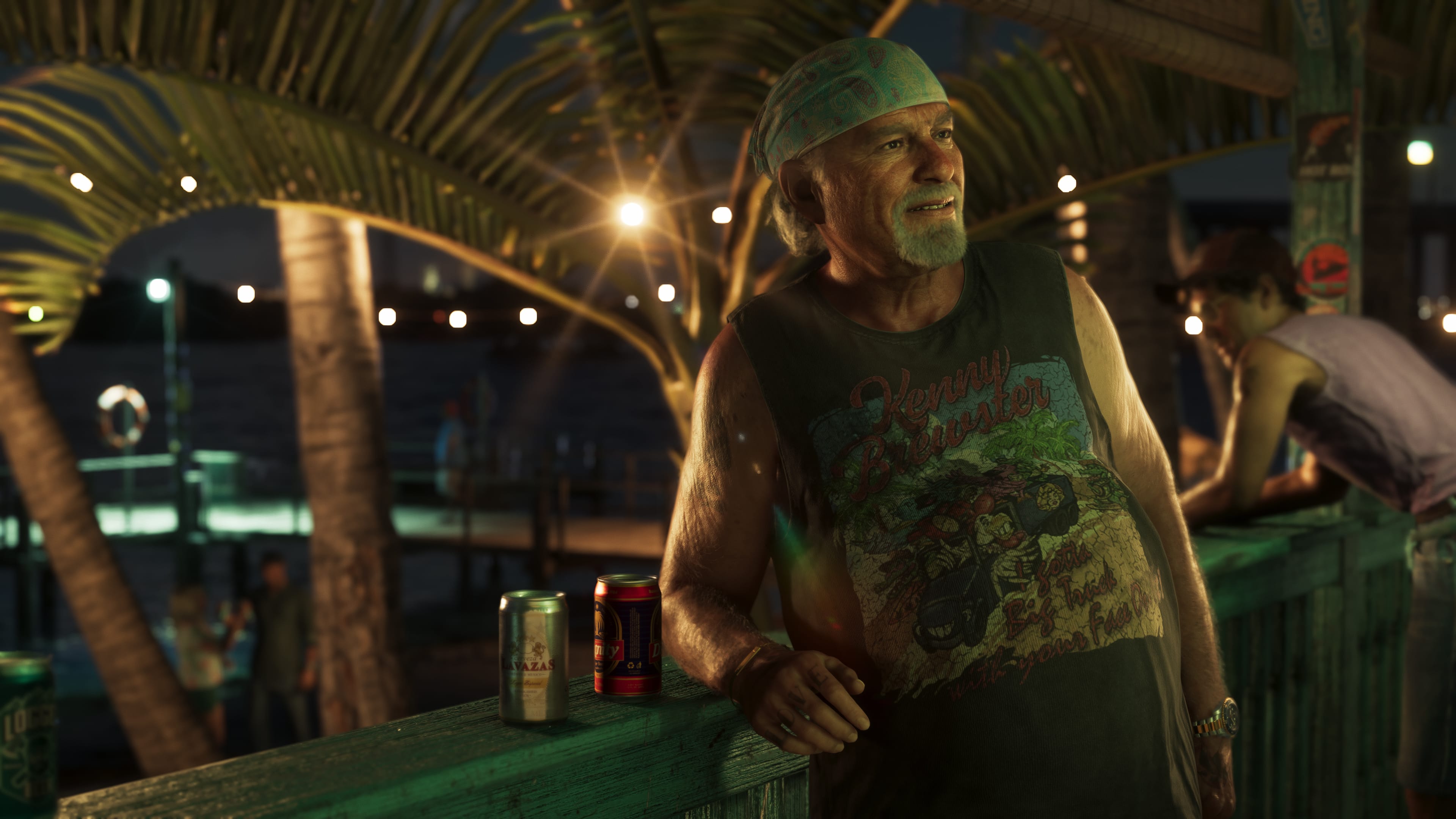 Brian Heder leans against a banister at a beach club in GTA 6